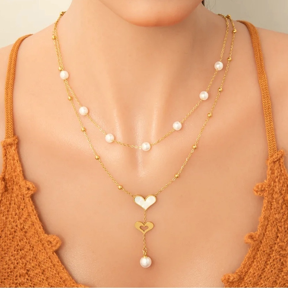 New 18K Gold Plated Heart Pearl Layered Necklaces